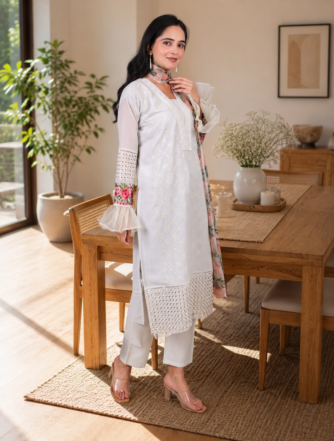 bhavini–White–Peach-Floral–Kurta-Set–Embroidered-Bell-Sleeves–Standing-Side-View–Sunny-Dining-Room–Casual-Ethnic-Wear