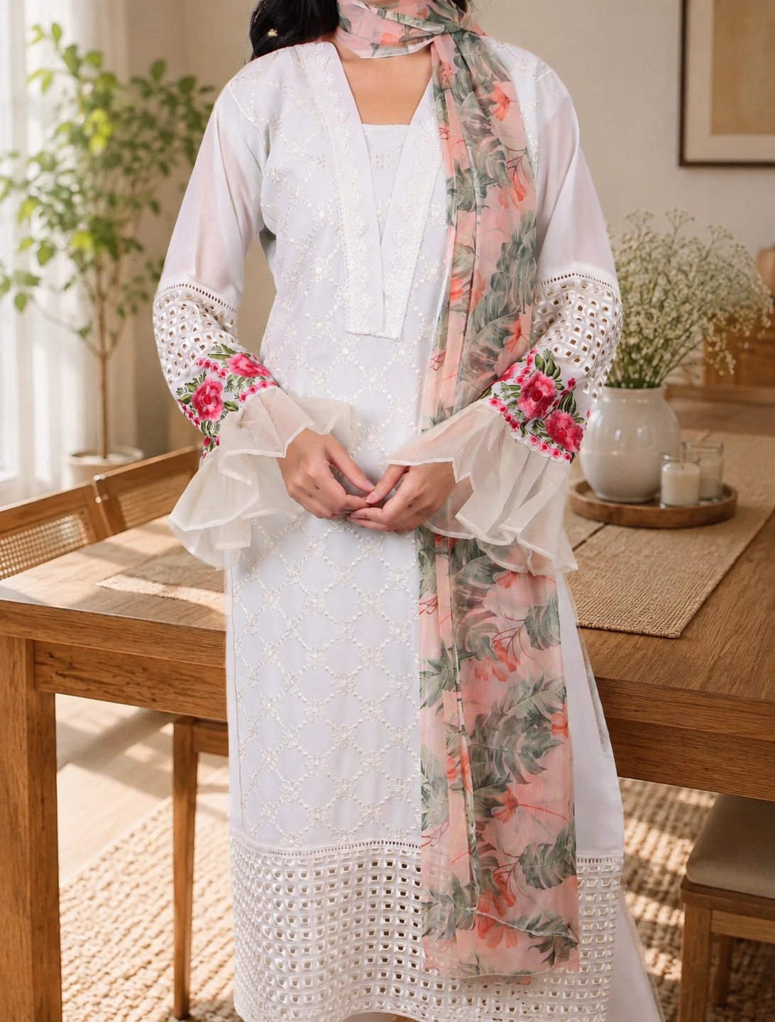 bhavini–White–Pink-Floral–Kurta-Set–Embroidered-Bell-Sleeves–Front-Cropped–Sunny-Dining-Room–Casual-Ethnic-Wear