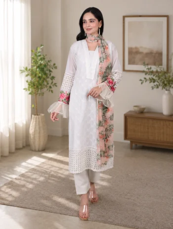 White & Pink Floral Embroidered Pure Cotton 3-Piece Kurta Set
