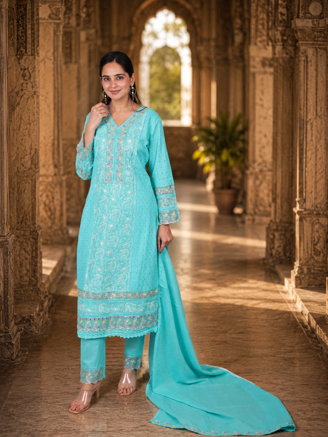 bhavini-aqua-blue-embroidered-salwar-set-elegant-pose-royal-corridor-festivewear