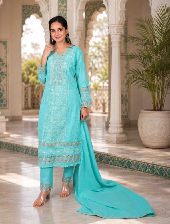 Elegant Aqua Blue Embroidered Kurta Set with Dupatta