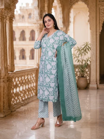 Mint Green Kurta Set With Floral Embroidery