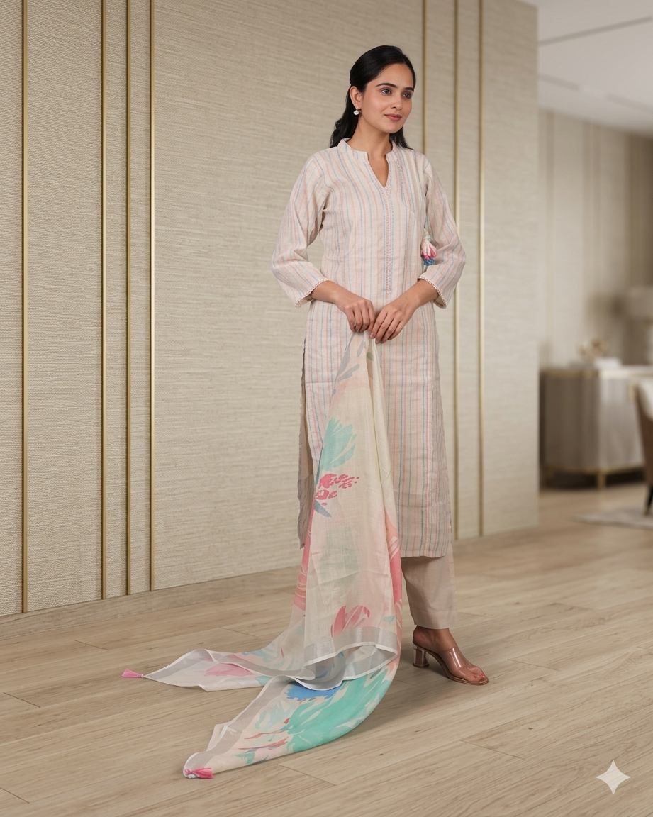 bhavini-beige-pastel-striped-salwar-set-elegant-pose-modern-interior-summerwear