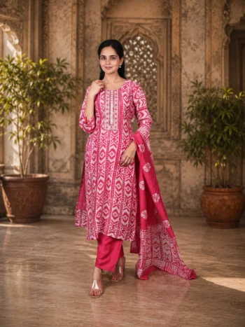 Vibrant Pink Printed Kurta with Dupatta