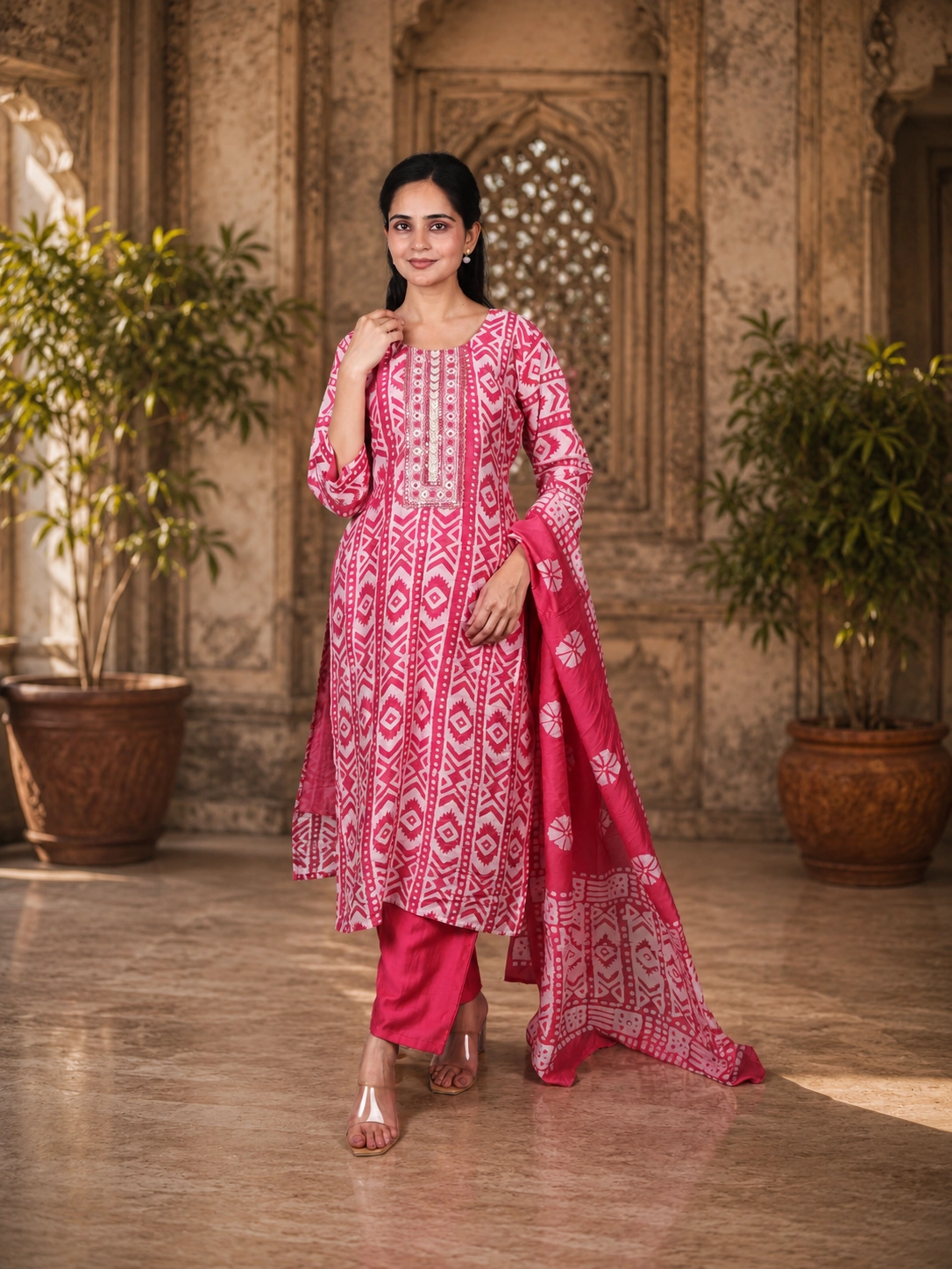 bhavini-fuchsia-white-tribal-pattern-salwar-set-elegant-pose-royal-courtyard-festivewear