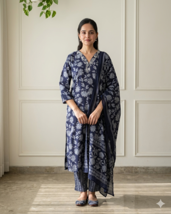 Navy Blue Print Kurta with Dupatta