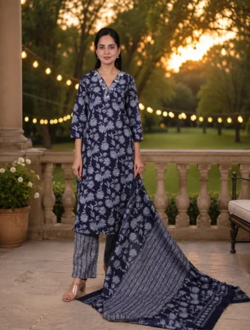 Elegant Navy Blue Floral Ethnic Kurta Set for Women
