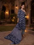 bhavini-navy-blue-floral-print-kurta-set-dupatta-front-view-sunset-garden-evening-occasion
