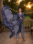bhavini-navy-blue-floral-print-kurta-set-dupatta-front-view-sunset-garden-evening-occasion