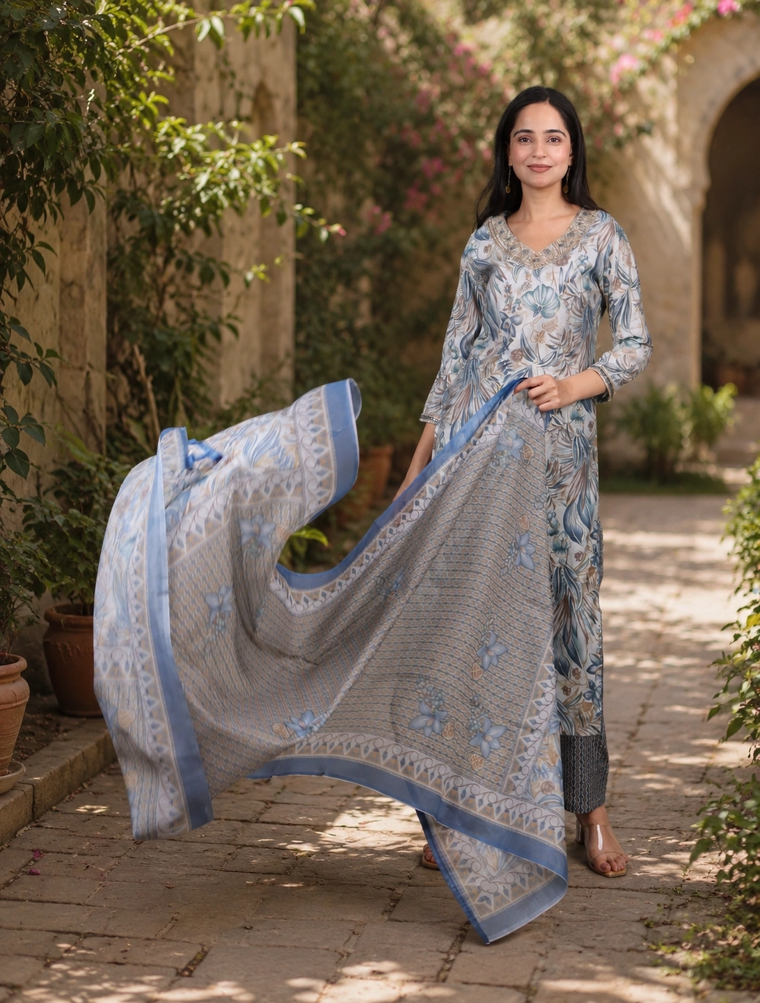 bhavini-powder-blue-beige-botanical-suit-set-dupatta-flow-front-view-garden-courtyard-occasion