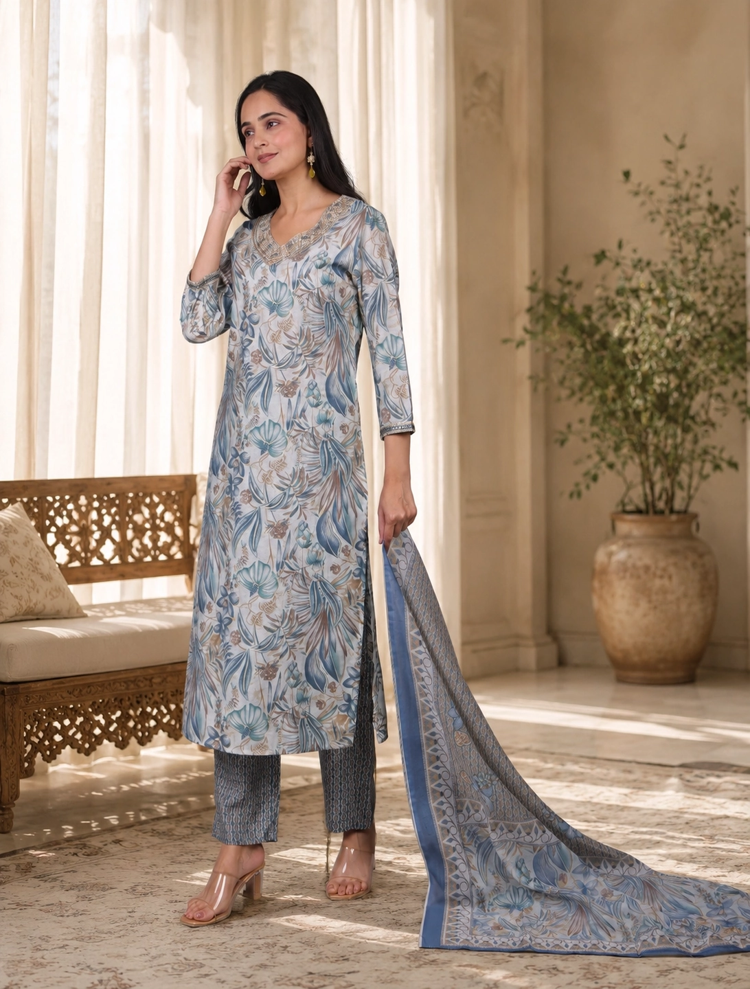 bhavini-powder-blue-beige-botanical-suit-set-side-view-indoor-lounge-daywear