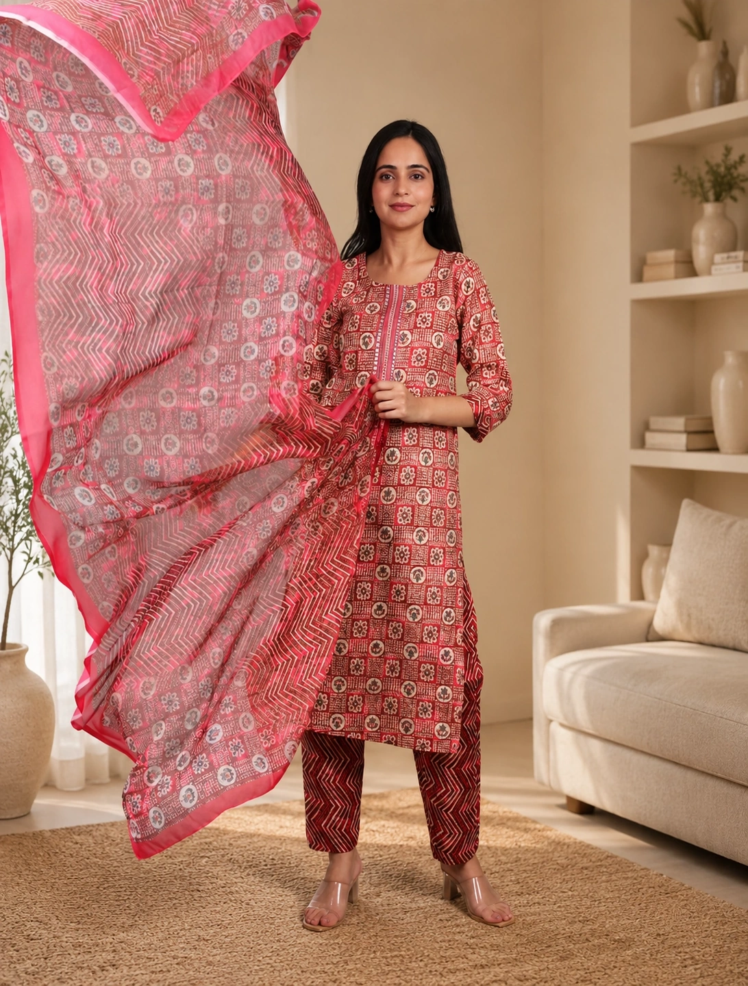 bhavini-red-pink-geometric-print-salwar-suit-flowing-dupatta-front-view-indoor-festive-wear