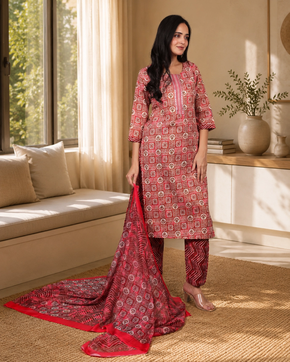 bhavini-rust-red-geometric-printed-salwar-set-elegant-pose-modern-home-dailywear