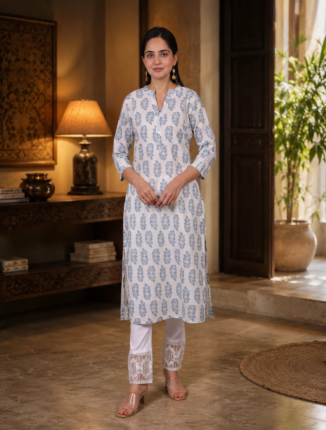 bhavini-white-blue-leaf-print-kurta-block-print-front-view-indoor-homewear-casual-wear