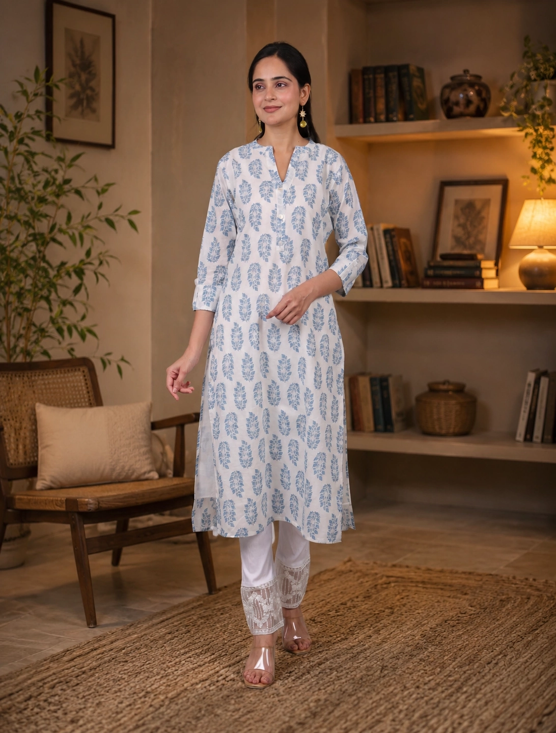 bhavini-white-blue-leaf-print-kurta-block-print-front-view-indoor-lounge-casual-wear