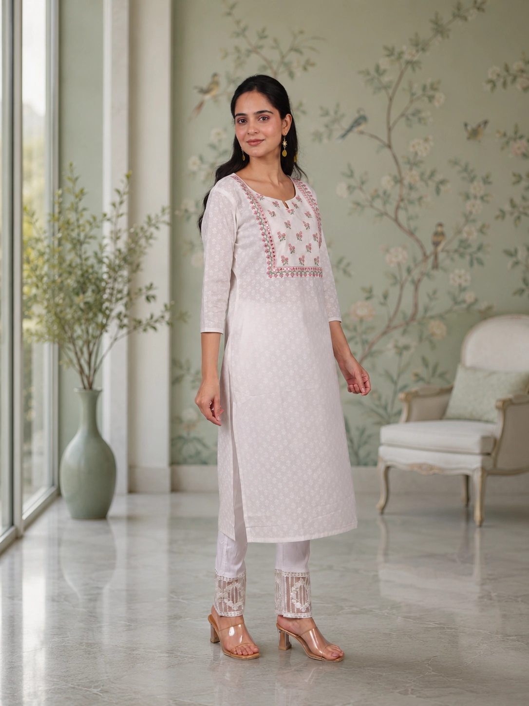 bhavini-white-pink-embroidered-kurta-side-pose-luxury-lounge-festivewear