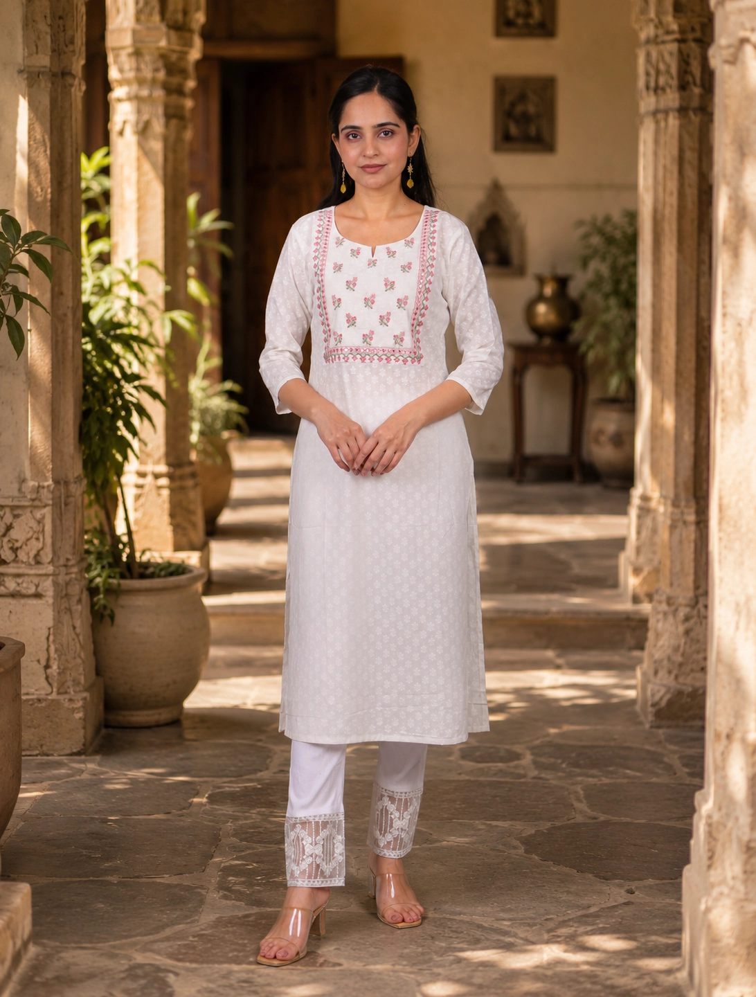 bhavini-white-pink-floral-kurta-front-view-heritage-courtyard-ethnicwear