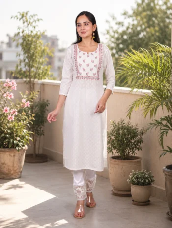 White Kurta with Floral Embroidery