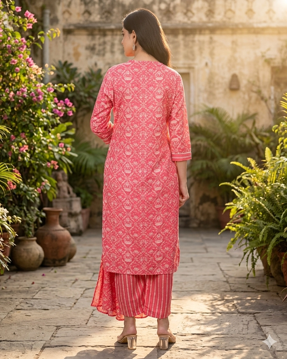 bhavini-coral-pink-floral-printed-suit-backview-courtyard-ethnicwear