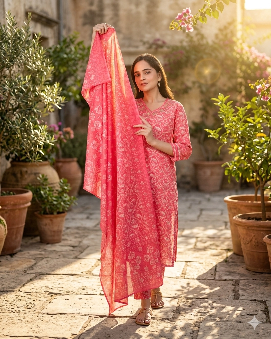bhavini-coral-pink-floral-printed-suit-dupatta-pose-sunlitcourtyard-ethnicwear