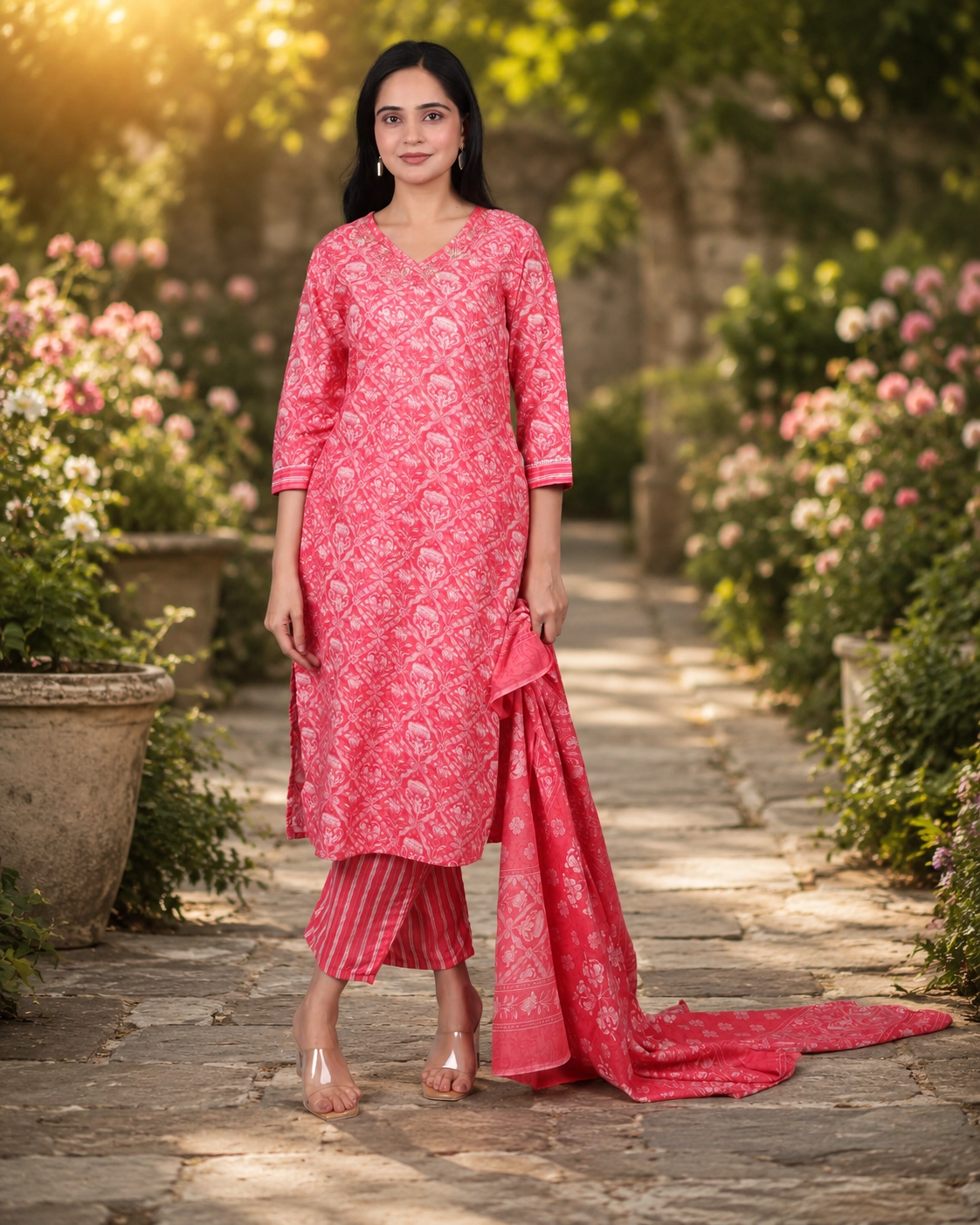 bhavini-coral-pink-floral-printed-suit-frontview-garden-daywear
