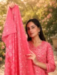 bhavini-coral-pink-white-floral-print-kurta-set-dupatta-standing-pose-park-walkway-festive-ethnic-wear