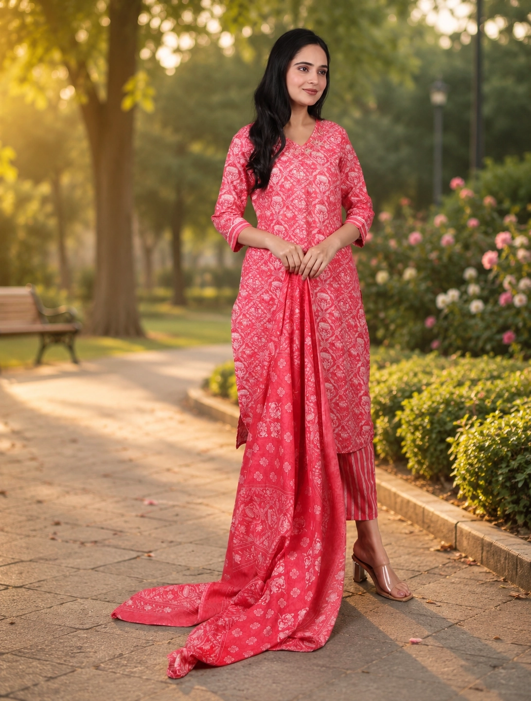 bhavini-coral-pink-white-floral-print-kurta-set-dupatta-elegant-pose-park-garden-festive-ethnic-wear
