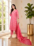 bhavini-coral-pink-white-floral-print-kurta-set-dupatta-standing-pose-park-walkway-festive-ethnic-wear