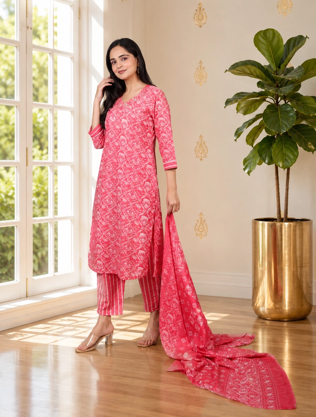 bhavini-coral-pink-white-floral-print-kurta-set-dupatta-full-body-indoor-window-display-festive-ethnic-wear