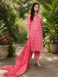 bhavini-coral-pink-white-floral-print-kurta-set-dupatta-standing-pose-park-walkway-festive-ethnic-wear
