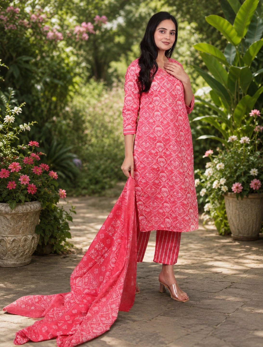 bhavini-coral-pink-white-floral-print-kurta-set-dupatta-full-view-garden-pathway-festive-ethnic-wear