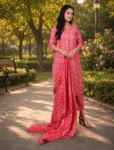 bhavini-coral-pink-white-floral-print-kurta-set-dupatta-standing-pose-park-walkway-festive-ethnic-wear