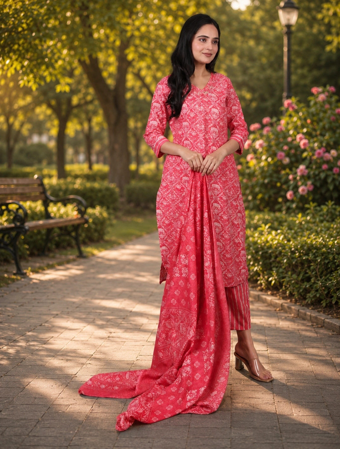 bhavini-coral-pink-white-floral-print-kurta-set-dupatta-standing-pose-park-walkway-festive-ethnic-wear