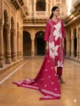 bhavini-fuchsia-pink-white-floral-salwar-suit-dupatta-draped-front-view-heritage-courtyard-festive-wear