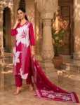 bhavini-fuchsia-pink-white-floral-salwar-suit-dupatta-draped-front-view-heritage-courtyard-festive-wear