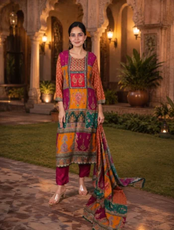 Multicolor Patchwork Printed Kurta Set with Dupatta