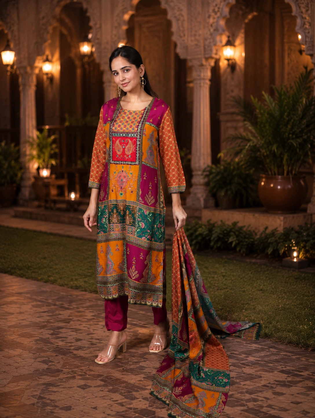 bhavini-maroon-ethnic-print-kurta-set-side-pose-heritage-palace-festivewear