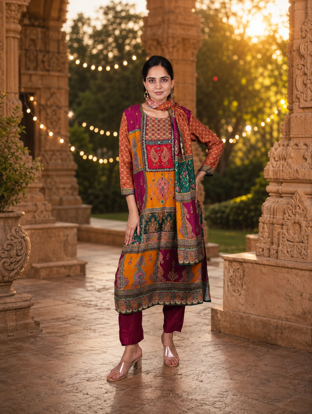 bhavini-maroon-orange-ethnic-print-salwar-set-front-pose-sunset-palace-festivewear