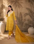 Mustard Yellow Floral Printed Kurta Set with Dupatta