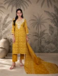 bhavini-mustard-yellow-floral-print-kurta-set-embroidered-yoke-front-view-indoor-festive-elegance
