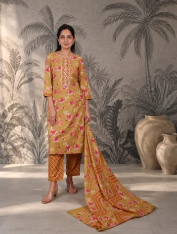 Mustard Floral Printed Kurta Set with Dupatta for Women | House of Bhavini