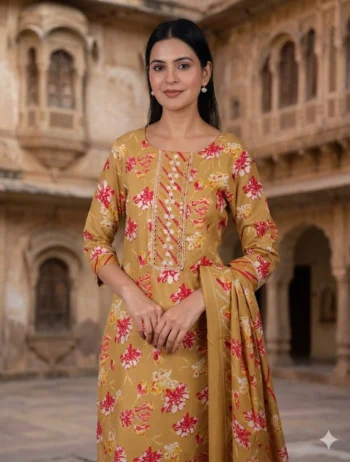 Mustard Floral Printed Straight Kurta Set with Dupatta