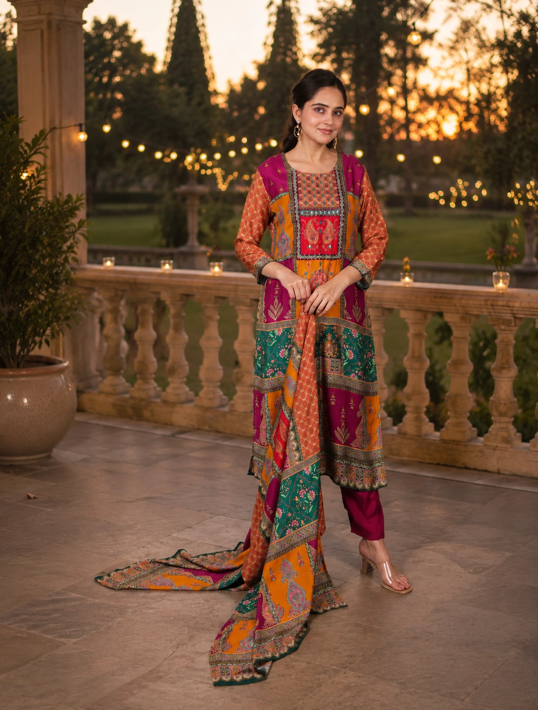 bhavini-orange-green-printed-salwar-set-elegant-pose-garden-terrace-evening-occasion