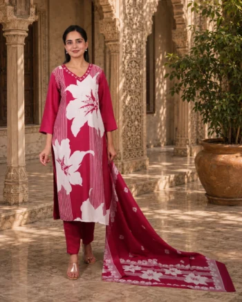 Pink Floral Printed Kurta Set with Elegant Dupatta
