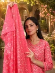 bhavini-coral-pink-white-floral-print-kurta-set-dupatta-standing-pose-park-walkway-festive-ethnic-wear