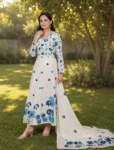 bhavini-white-blue-floral-anarkali-suit-frontpose-gardenlawn-summerwear