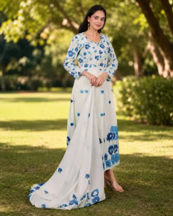 Elegant White & Blue Floral Printed Ethnic Suit Set