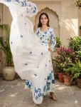 bhavini-white-blue-floral-print-anarkali-suit-dupatta-front-view-garden-lawn-daywear