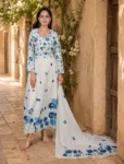 bhavini-white-blue-floral-print-anarkali-suit-dupatta-front-view-garden-lawn-daywear