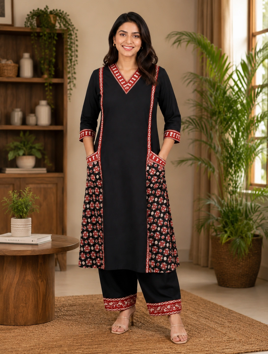 bhavini-black-rust-floral-printed-kurta-set-pocket-detail-front-view-indoor-ethnic-wear